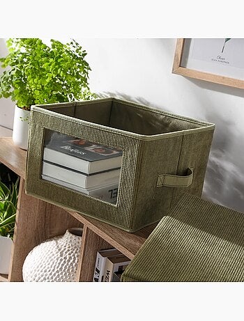 Boîte rangement tissu velours côtelé kaki avec fenêtre - L30 cm