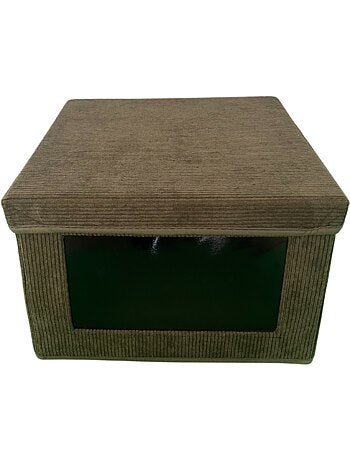 Boîte rangement tissu velours côtelé kaki avec fenêtre - L30 cm
