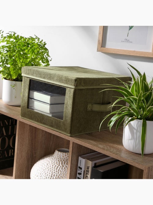 Boîte rangement tissu velours côtelé kaki avec fenêtre - L30 cm - Kiabi