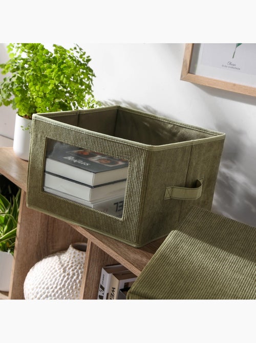 Boîte rangement tissu velours côtelé kaki avec fenêtre - L30 cm - Kiabi