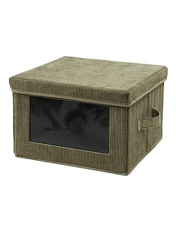 Boîte rangement tissu velours côtelé kaki avec fenêtre - L40 cm