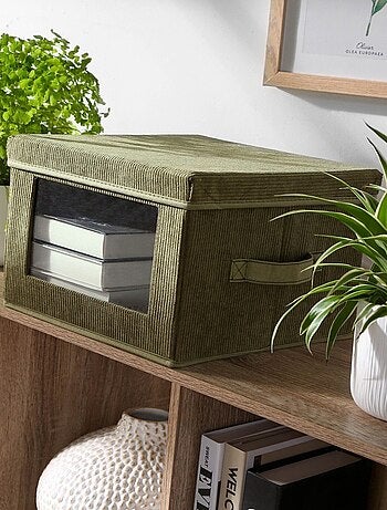 Boîte rangement tissu velours côtelé kaki avec fenêtre - L40 cm
