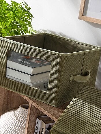 Boîte rangement tissu velours côtelé kaki avec fenêtre - L40 cm