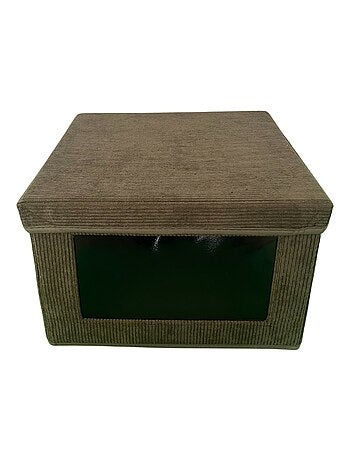 Boîte rangement tissu velours côtelé kaki avec fenêtre - L40 cm