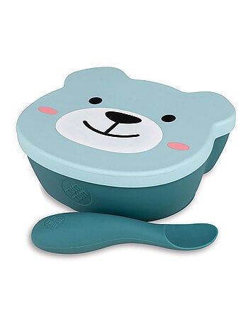 Bol à ventouse en silicone + cuillère - Ourson bleu