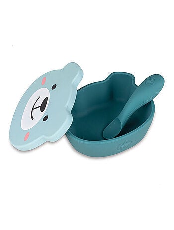 Bol à ventouse en silicone + cuillère - Ourson bleu