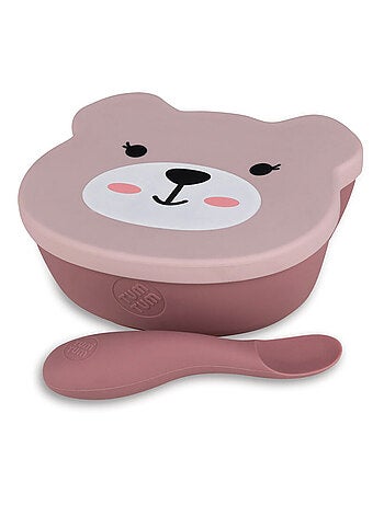 Bol à ventouse en silicone + cuillère - Ourson rose