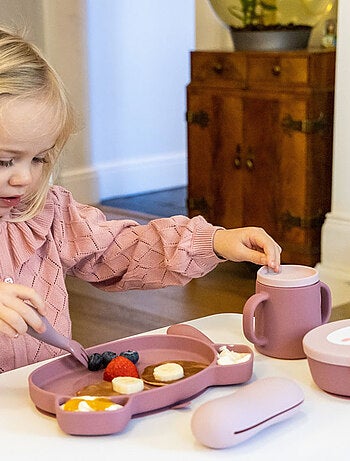 Bol à ventouse en silicone + cuillère - Ourson rose