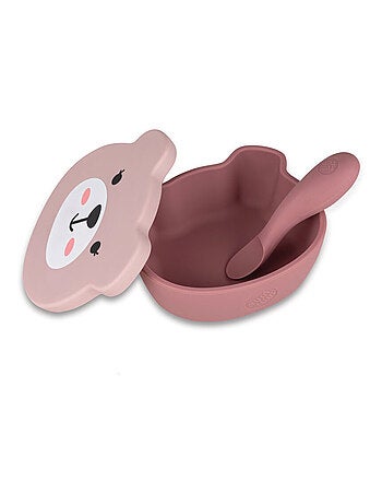 Bol à ventouse en silicone + cuillère - Ourson rose