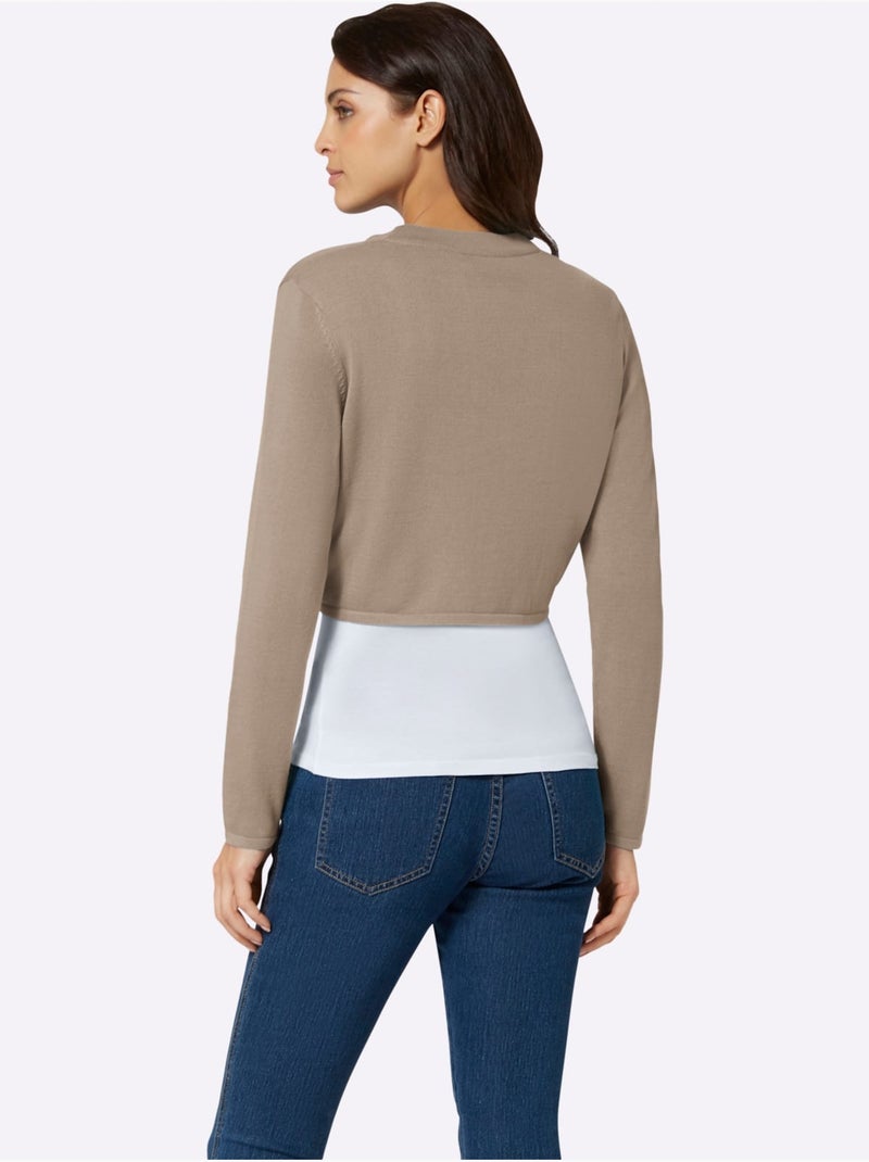 Boléro en coton tricot fin et manches longues sans fermeture - Taille standard - Witt Beige - Kiabi