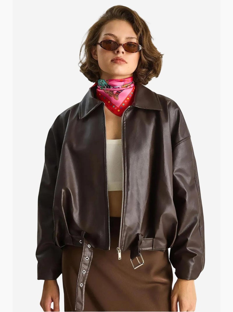 Bomber effet cuir zippé lucci Marron foncé - Kiabi
