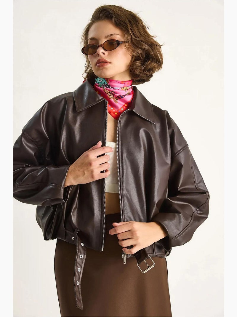 Bomber effet cuir zippé lucci Marron foncé - Kiabi