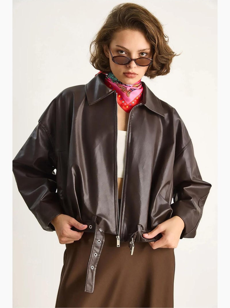 Bomber effet cuir zippé lucci Marron foncé - Kiabi