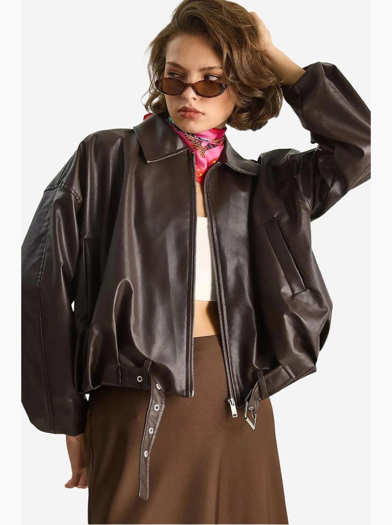 Bomber effet cuir zippé lucci Marron foncé - Kiabi