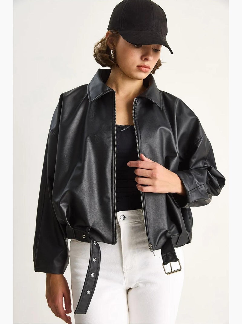 Bomber effet cuir zippé lucci Noir - Kiabi