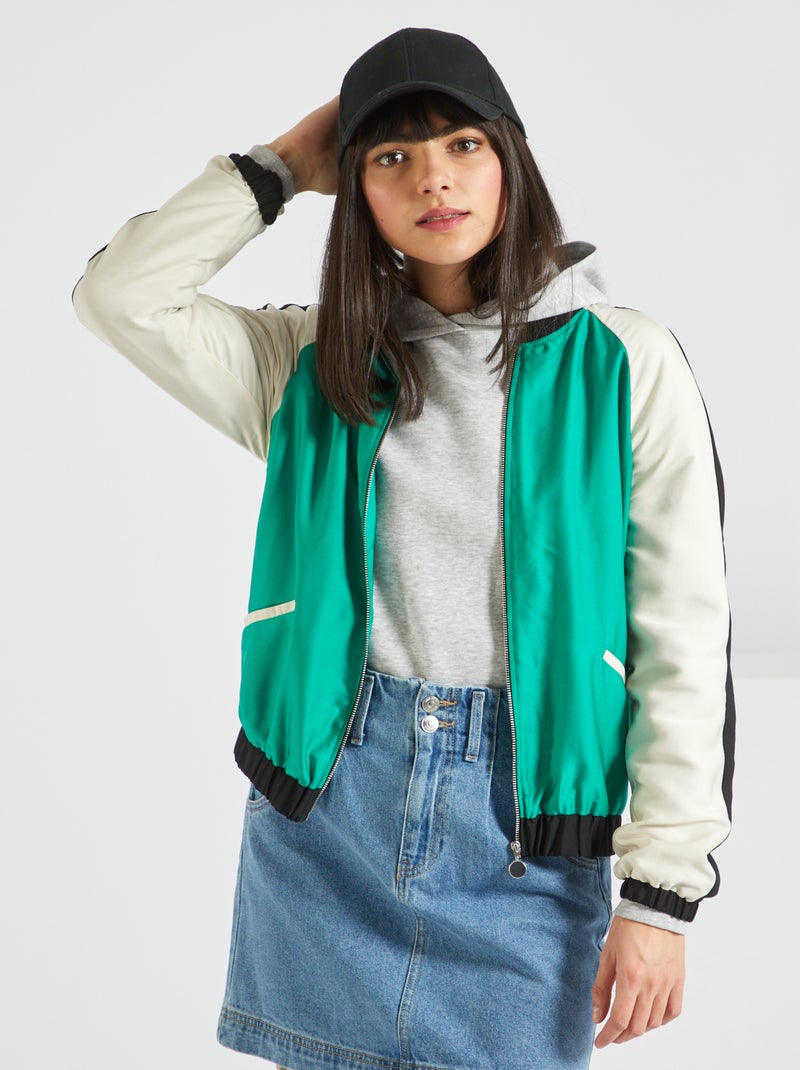 Bomber satiné tricolore Vert - Kiabi