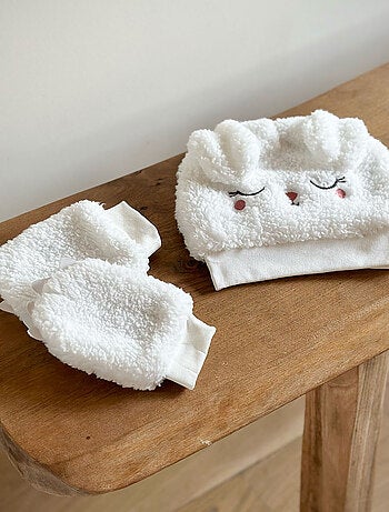 Bonnet bébé en sherpa + moufles Alaska
