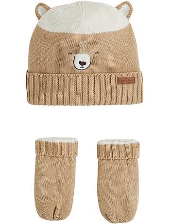 Bonnet bébé et moufles en tricot moka