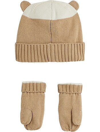 Bonnet bébé et moufles en tricot moka
