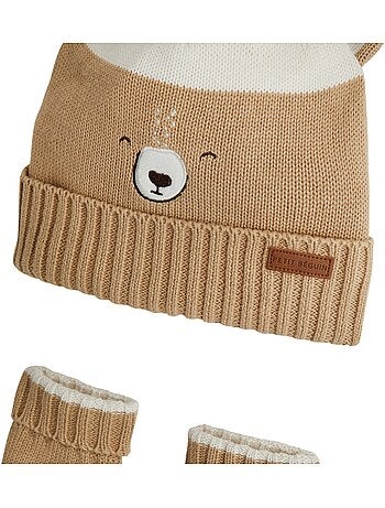 Bonnet bébé et moufles en tricot moka