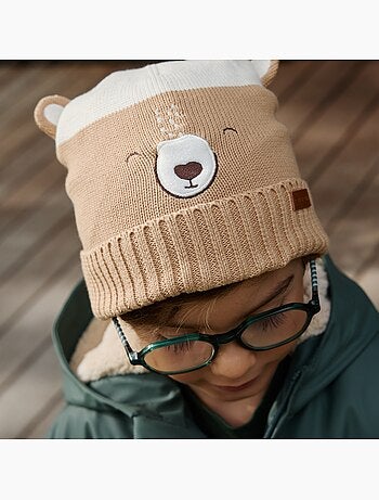 Bonnet bébé et moufles en tricot moka