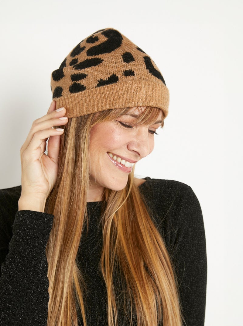 Bonnet chaud motif léopard maille laine Marron - Kiabi
