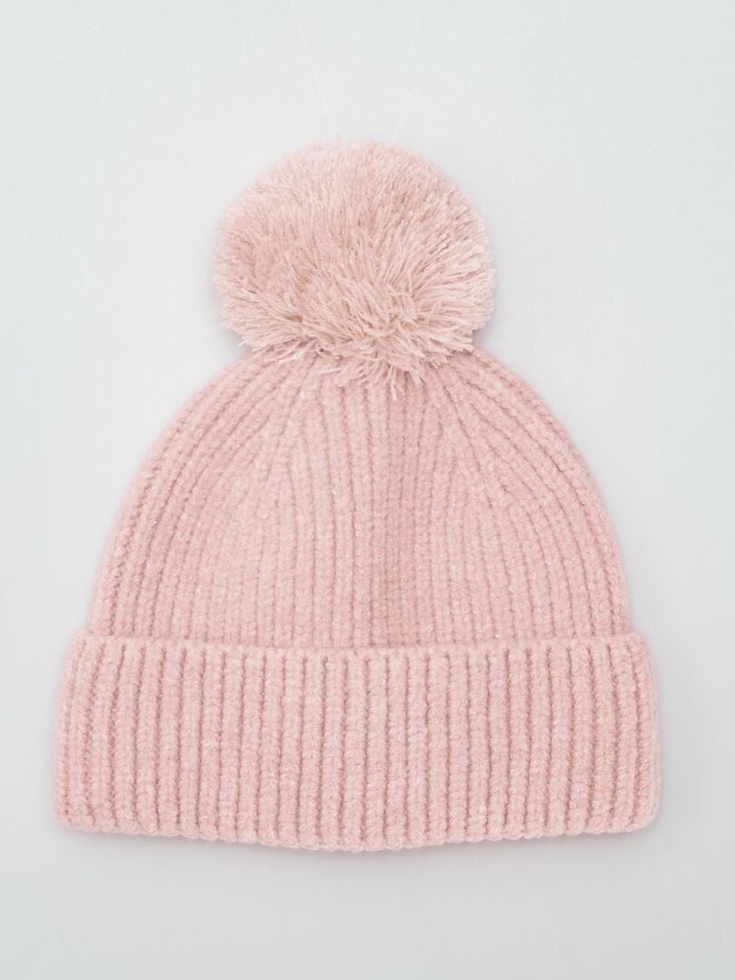 Bonnet cotelé avec pompom Rose - Kiabi