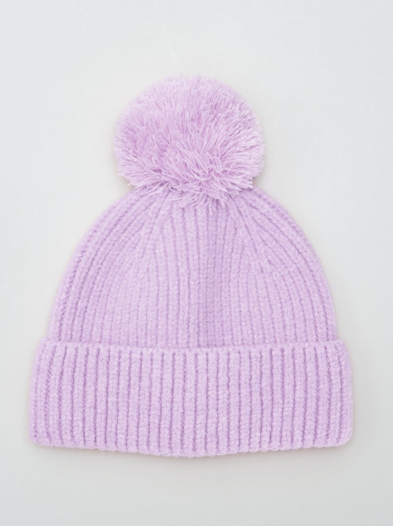 Bonnet cotelé avec pompom Violet - Kiabi