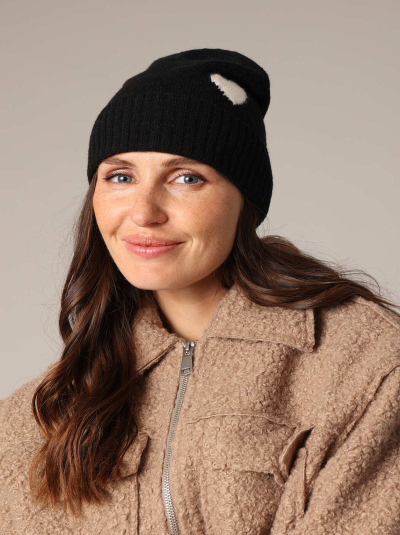 Bonnet côtelé en maille douce avec motif cœur contrasté 'Deeluxe' Noir - Kiabi