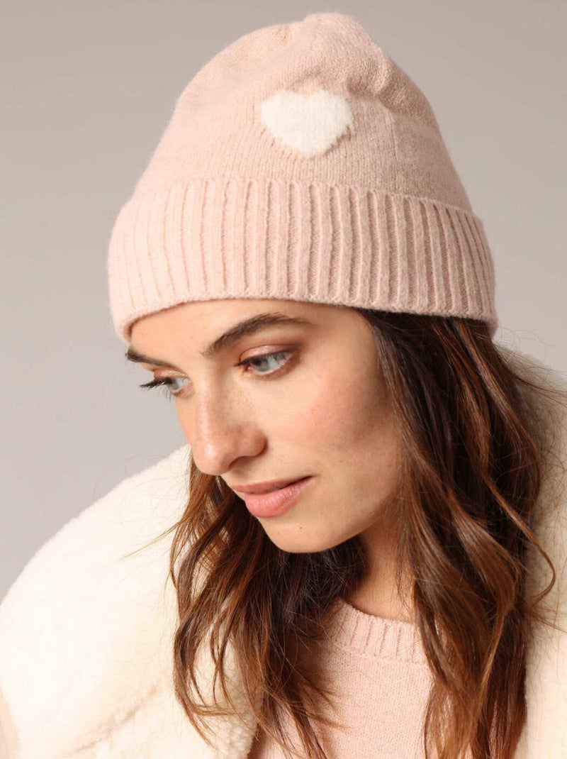 Bonnet côtelé en maille douce avec motif cœur contrasté 'Deeluxe' Rose - Kiabi