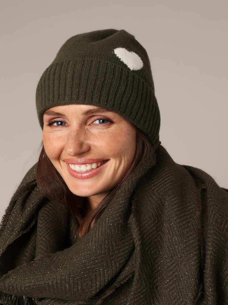 Bonnet côtelé en maille douce avec motif cœur contrasté 'Deeluxe' Vert bouteille - Kiabi