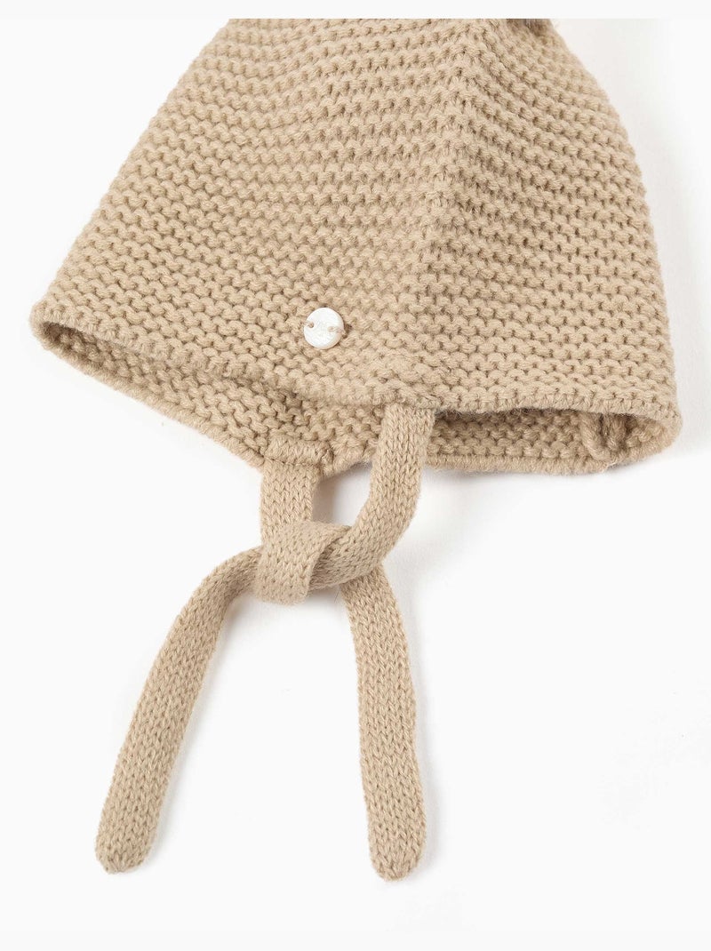 Bonnet en maille avec pompons et liens à nouer Beige clair - Kiabi