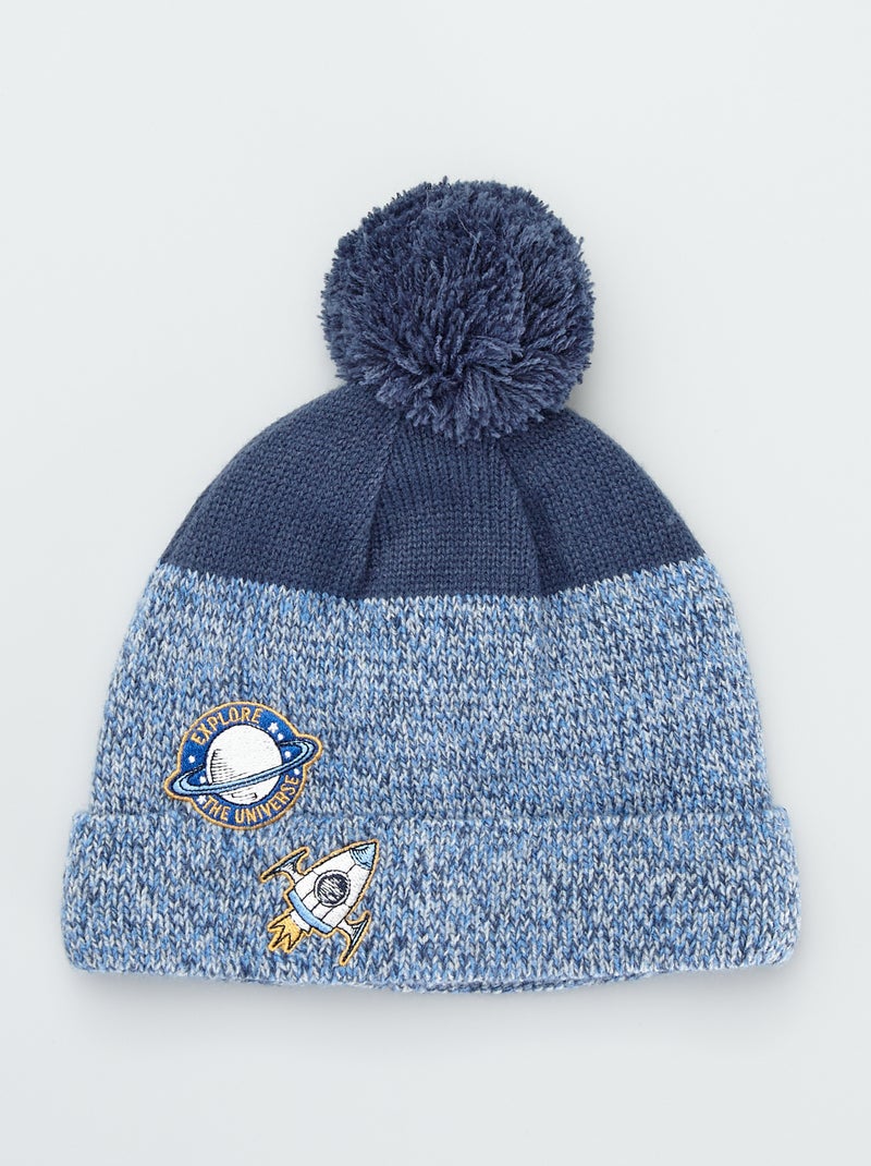 Bonnet en maille brodée bleu - Kiabi