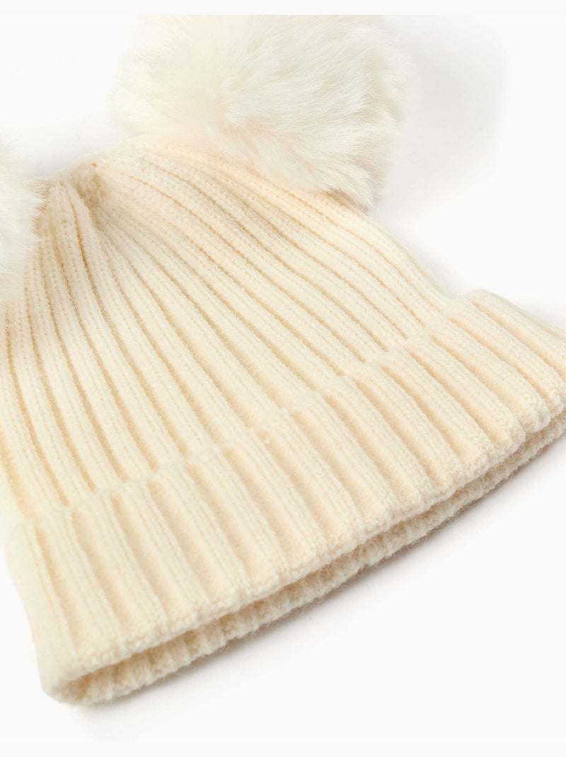 Bonnet en maille côtelée avec pompons Blanc - Kiabi