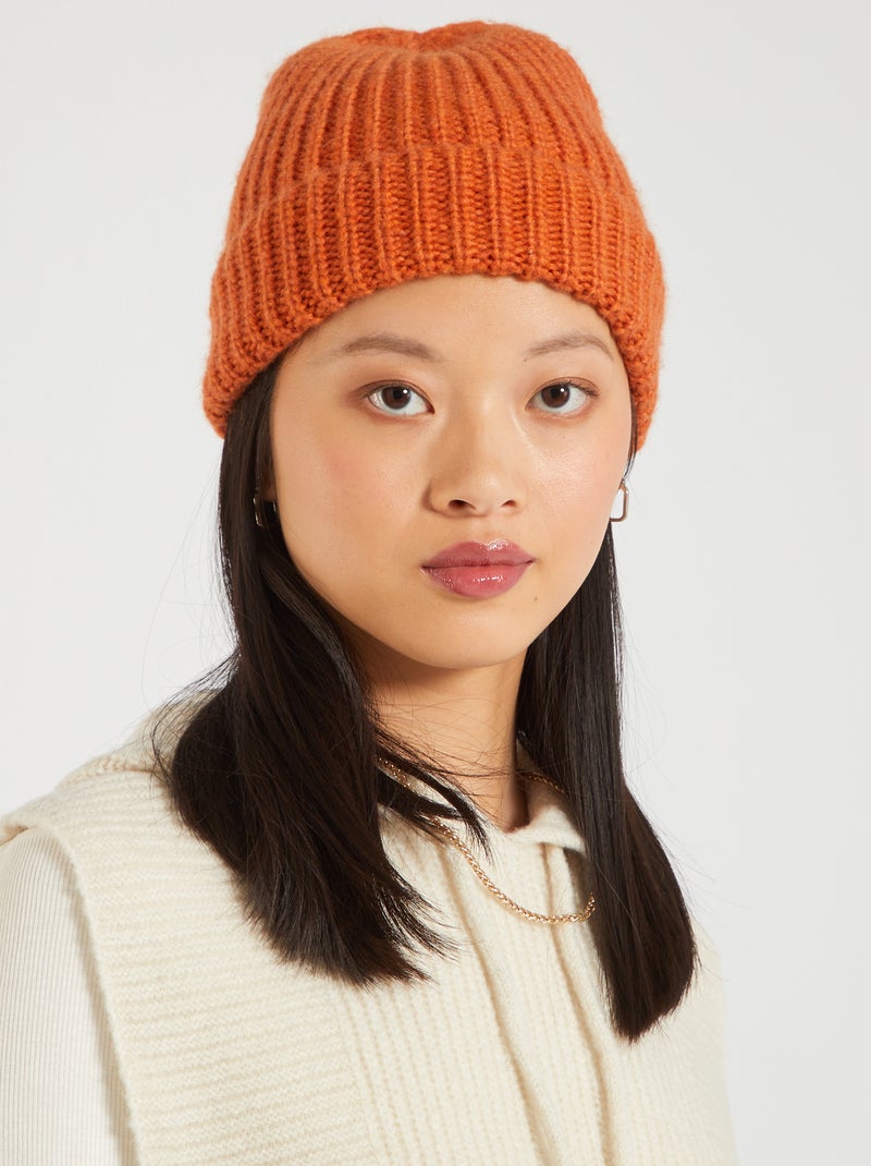 Bonnet en maille côtelée orange - Kiabi