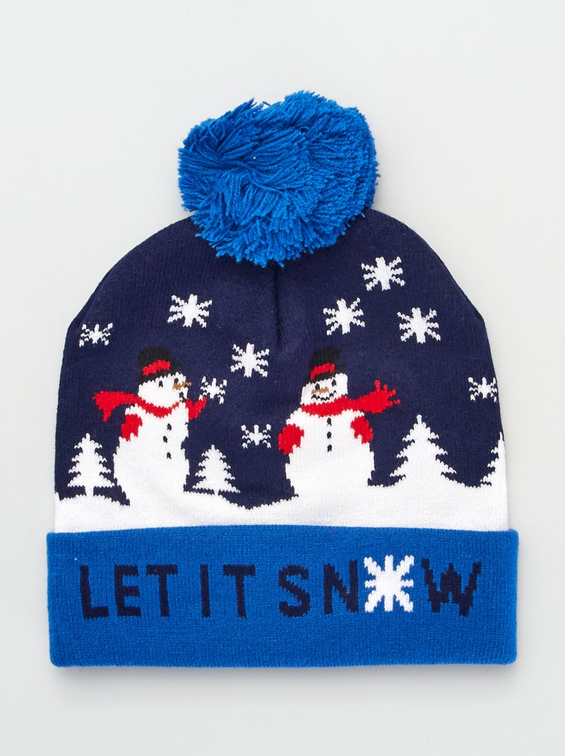 Bonnet en maille de noel bleu - Kiabi