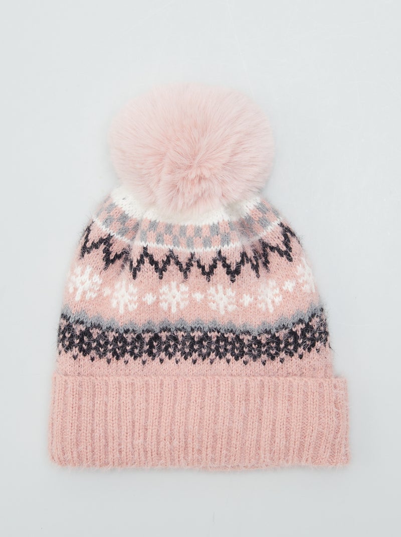 Bonnet en maille jacquard avec pompon Rose - Kiabi