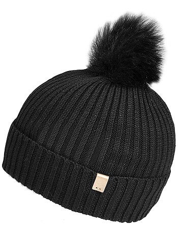 Bonnet En maille recyclée, chaud, doublé polaire recyclé, pompom femme Isotoner