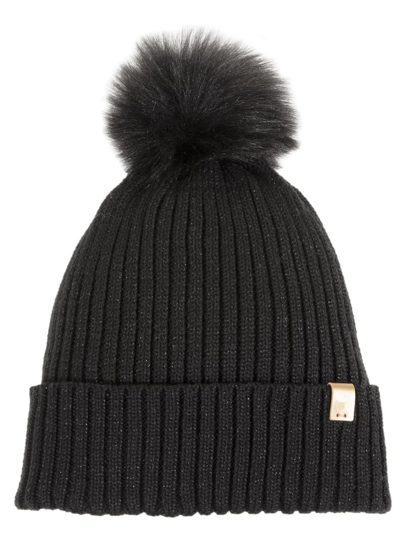 Bonnet En maille recyclée, chaud, doublé polaire recyclé, pompom femme Isotoner Noir - Kiabi