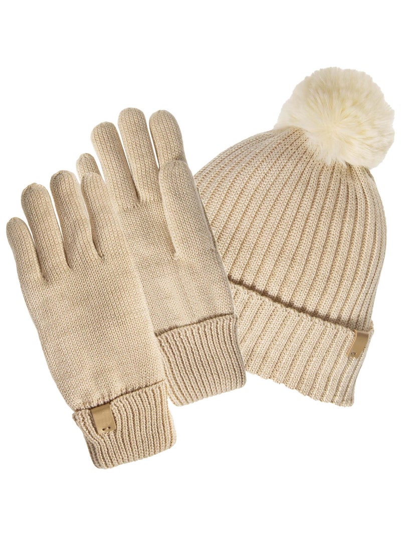 Bonnet en maille recyclée, chaud, doublé polaire recyclé, pompom imitation fourrure Beige - Kiabi