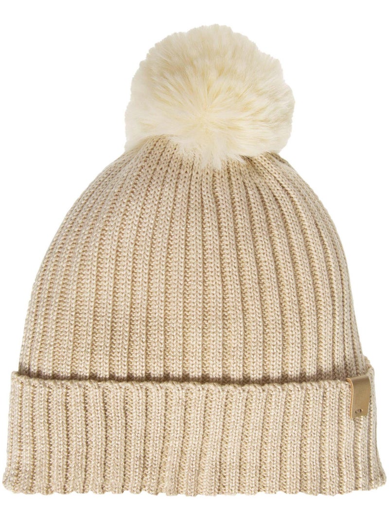 Bonnet en maille recyclée, chaud, doublé polaire recyclé, pompom imitation fourrure Beige - Kiabi