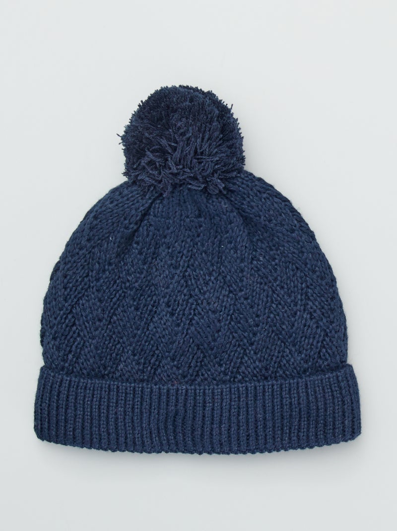Bonnet en maille tressée avec pompon Bleu noir - Kiabi
