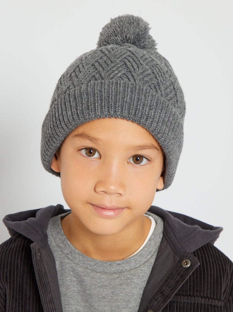 Bonnet en maille tressée avec pompon gris - Kiabi