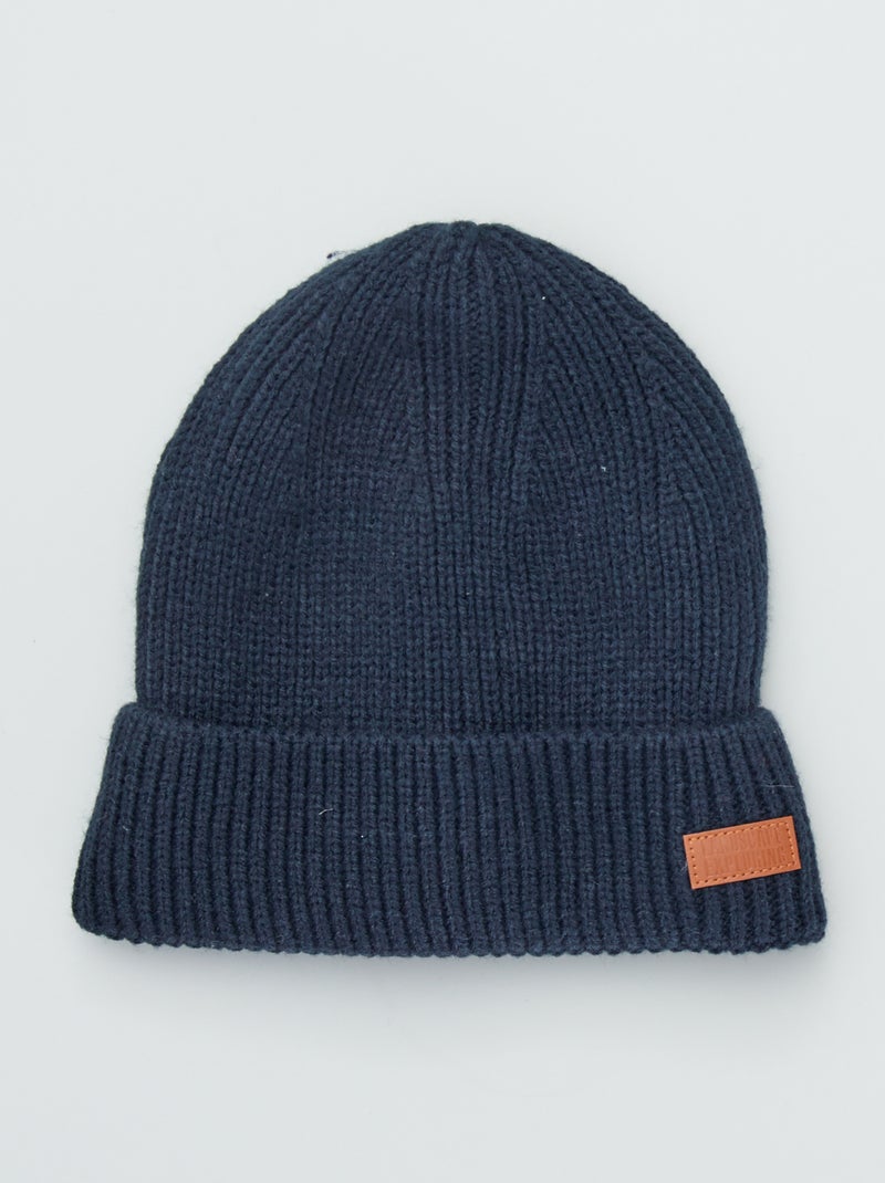 Bonnet en maille unie et patch fantaisie Bleu marine - Kiabi
