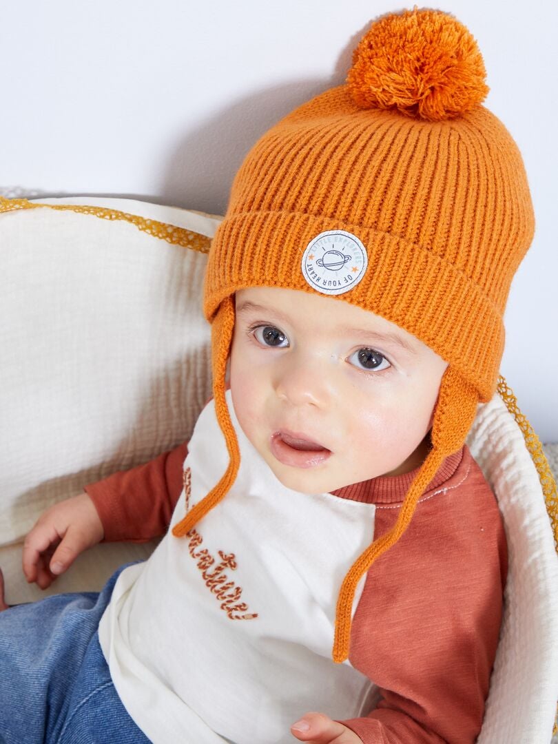 Bonnet en tricot avec pompon - Orange - Kiabi - 7.00€