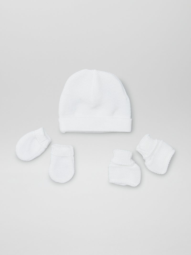 Bonnet + moufles + chaussons en maille 'Manufacture de Layette' blanc - Kiabi