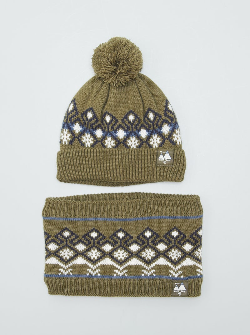 Bonnet + snood en maille jacquard Kaki - Kiabi