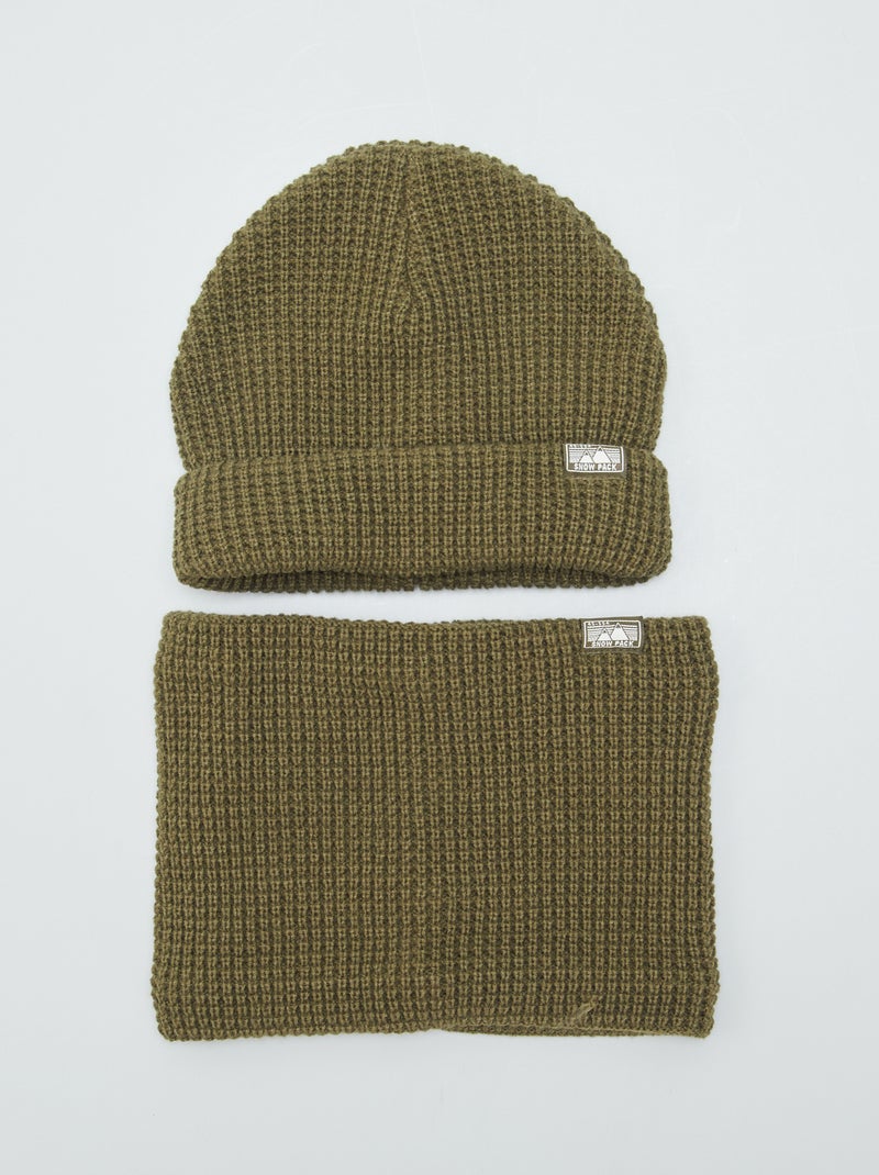 Bonnet + snood en maille perlée Kaki - Kiabi