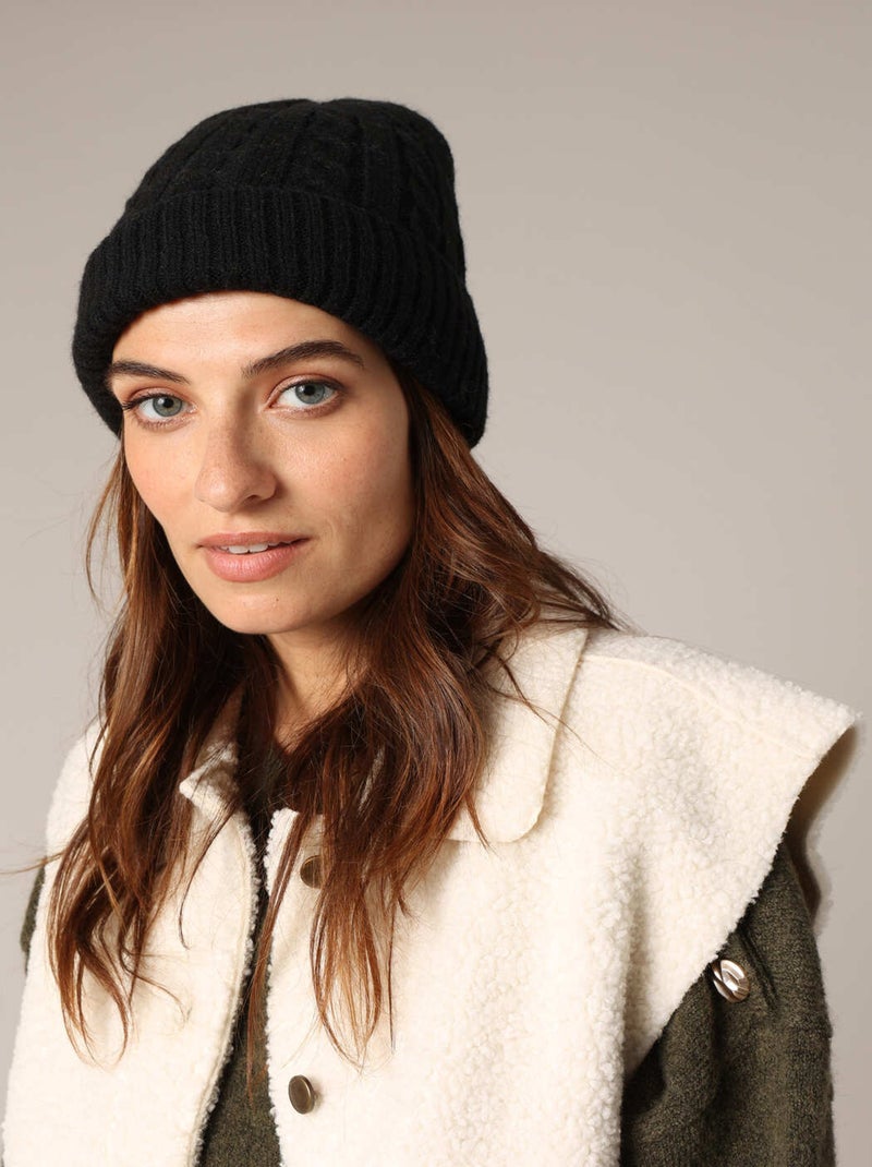 Bonnet torsadé en maille avec large revers côtelé 'Deeluxe' Noir - Kiabi