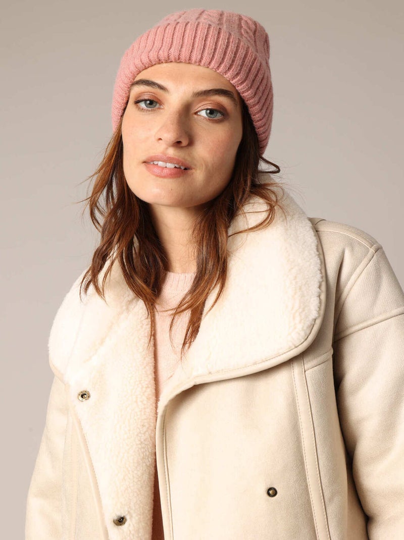 Bonnet torsadé en maille avec large revers côtelé 'Deeluxe' Rose - Kiabi